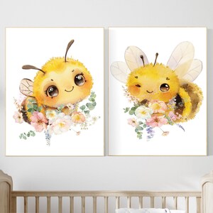Bee print, bee nursery, flower nursery, yellow nursery, gender neutral, nursery wall art prints, baby room wall art, girl nursery