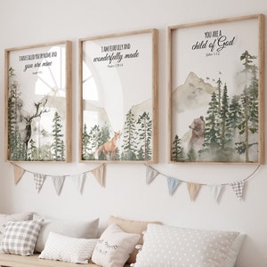 Woodland Nursery Decor: Mountain Animals, Bible Verse Art Print