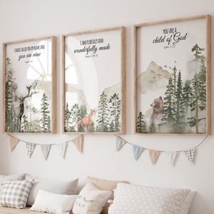 Woodland Nursery Decor: Mountain Animals, Bible Verse Art Prints