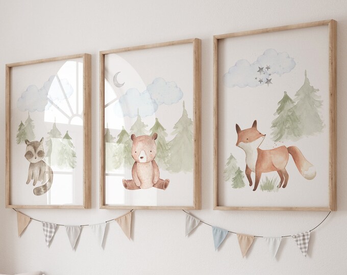 Woodland Nursery Wall Art PRINTED VERSION, Bear Wall Art, Forest ...