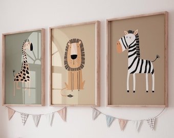 Safari Animal Nursery Prints, Boho Jungle Art, Set of 3