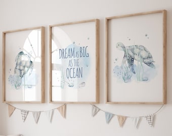 Sea Turtle Nursery Print Set: Ocean Nautical Decor