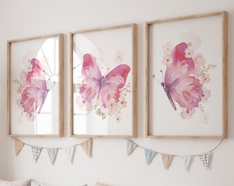 Láminas de mariposas rosas para guardería: juego de 3, decoración floral