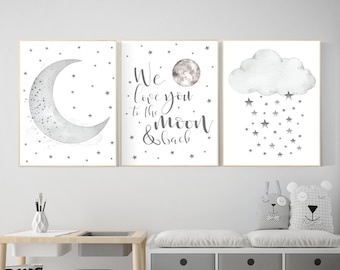 Nursery wall art grey, gray nursery, nursery decor neutral, baby room decor gender neutral, moon and stars, grey nursery decor baby room art