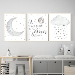 Nursery wall art grey, gray nursery, nursery decor neutral, baby room decor gender neutral, moon and stars, grey nursery decor baby room art