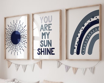 Boho Navy Nursery Prints: Rainbow, Moon, Sun (Frames NOT Included)