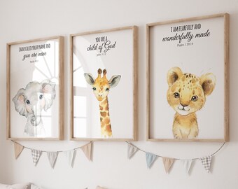 Safari nursery, nursery wall art animals, safari animals, gender neutral,  verse nursery, bible verse, bear, elephant, giraffe, animal print