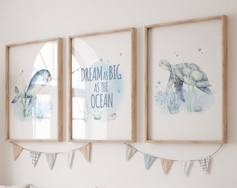 Ocean Nursery Prints: Whale & Sea Turtle Art