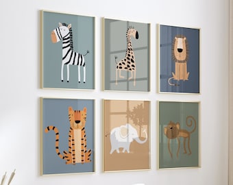 May include: Six framed prints with illustrations of animals, including a zebra, giraffe, lion, tiger, elephant, and monkey. The prints are arranged in a grid pattern on a white wall.