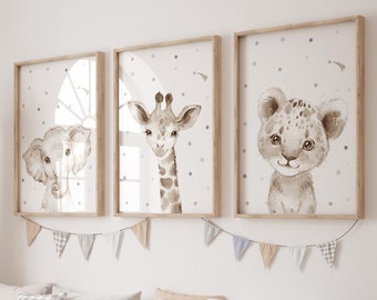 Elephant & Giraffe Nursery Print: Neutral Baby Room Decor