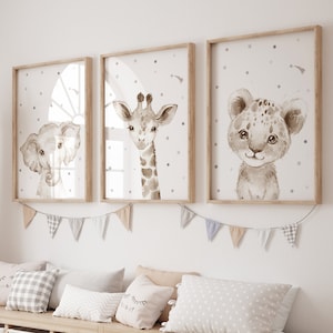 Nursery decor elephant and giraffe, animal nursery prints, grey nursery, neutral nursery, baby room wall art, woodland animals, gray nursery