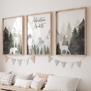 Nursery decor woodland, mountain wall art, tree nursery decor, adventure theme nursery, forest, sage green, beige, woodland animals