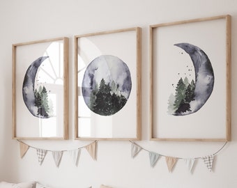 Navy & Sage Moon Nursery Print: Gender Neutral Woodland Decor
