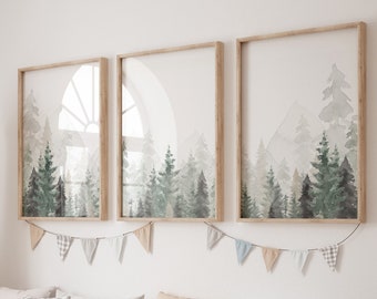 Mountain Nursery Print: Sage Green Forest, Woodland Animals
