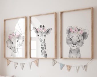 Pink Floral Safari Animal Prints: Girl Nursery Wall Art
