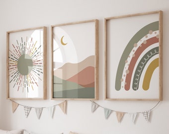 Boho Nursery Print Set: Rainbow, Sun, Moon, Abstract Art