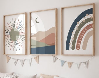 Boho Nursery, rainbow nursery, earth colors, Nursery decor gender neutral, moon nursery, Abstract Art, sun nursery, Mid Century Print