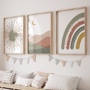 Boho Nursery Print Set: Rainbow, Sun, Moon, Abstract Art