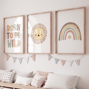 Boho nursery, Lion nursery, born to be wild, Safari nursery, Rainbow prints, Jungle animal, gender neutral, earth colors, Kids room, toddler