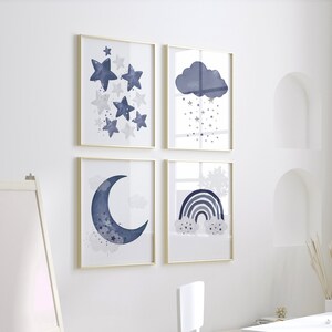 Navy Blue Nursery Decor: Moon, Stars, Rainbow Art Print