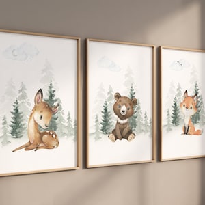 Decoración de habitación infantil con temática de bosque, arte mural de habitación infantil con temática de bosque, juego de impresiones de bosque, estampados de animales, estampados de animales del bosque, habitación infantil de género neutro