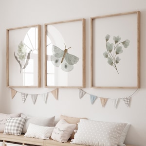 Boho nursery, sage green nursery, girl nursery decor, Boho Butterfly Floral Set, Butterfly Nursery Wall Art, Neutral colors, wildflower