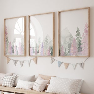 Nursery decor woodland, mountain wall art, tree nursery decor, adventure theme nursery, forest, pink, green, purple and blush pink