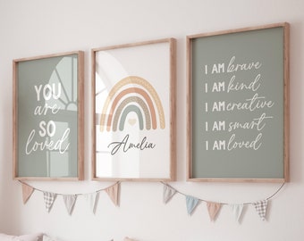 Rainbow nursery, gender neutral, earth colors, I am brave, you are so loved, rainbow prints, sage nursery, neutral colors, baby room decor