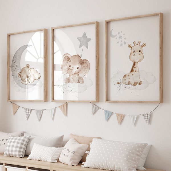 Nursery wall art animals, gray nursery, gender neutral nursery, neutral nursery, baby room decor, bear, elephant, giraffe, animal prints