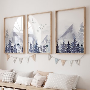 Nursery decor woodland, mountain wall art, tree nursery decor, adventure theme nursery, forest, navy blue nursery, woods nursery