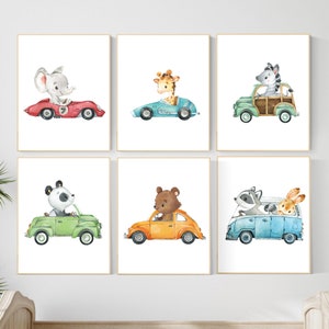 Tierautos als Wandbild, Kinderzimmer Fahrzeuge, Safari Tiere, Poster mit Autos, Kinderzimmer Dekorationen für Jungen, Kinderzimmer Dekorationen mit Autos, Aquarell Tierautos