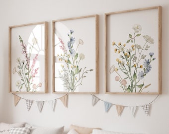 Arte de parede para berçário boho, decoração de berçário com flores silvestres, berçário floral, decoração de berçário para meninas, berçário de flores vintage, estampa botânica, decoração para casa