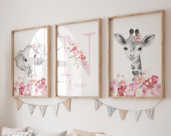 Rosa Blumen Safari Animal Prints: Mädchen Kinderzimmer Wandkunst