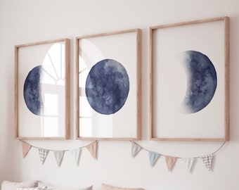 Moon nursery decor, moon print, navy blue nursery, full moon print, gender neutral, moon phases, dark blue, moon nursery, nursery decor