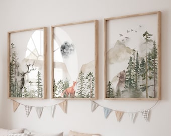 Nursery decor woodland, mountain wall art, tree nursery decor, adventure theme nursery, forest, sage green, beige, woodland animals