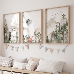 Woodland Nursery Art: Mountain Animals Print, Sage Green Decor