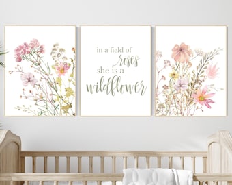 Lámina de flores silvestres para guardería: decoración floral bohemia para habitación de niña