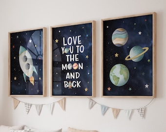Space Nursery Art Prints: Rocket, Planets, Solar System, Set of 3