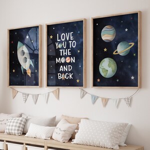 Space Nursery Art Prints: Rocket, Planets, Solar System, Set of 3