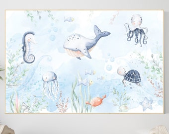Ocean Nursery Print: Watercolor Sea Turtle, Whale Art