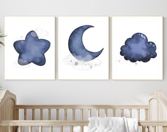 Navy Blue Nursery Art Prints: Moon, Stars, Cloud Decor (Set of 3)