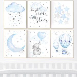 Nursery decor boy elephant, nursery wall art boy, Blue and gray, cloud and stars, hot air balloon, elephant nursery art, moon nursery
