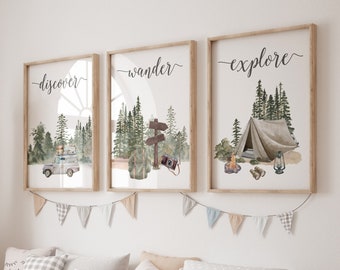 Travel nursery print, Explore nursery wall art, Baby boy nursery, Adventure Set of 3 prints, Camping Prints, Adventure Nursery Decor