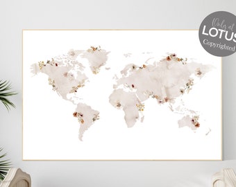Watercolor World Map Print: Vintage Botanical Floral Nursery Art