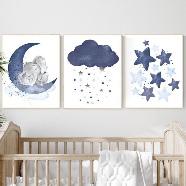 Elephant Nursery Print Set: Navy Blue Moon, Cloud, Stars