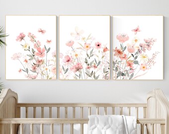 Wildflower Wall Art, Watercolor Flowers Nursery Decor, Blush Pink ...