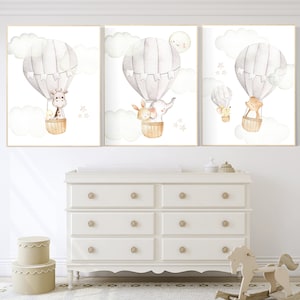 Gender neutral nursery, hot air balloon prints, woodland animals, neutral colors, baby room decor, animal prints, woodland animals, beige