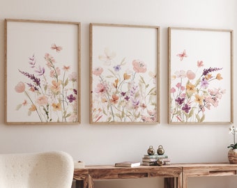 Wildflower Wall Art, Watercolor Flowers Nursery Decor, Blush Pink ...