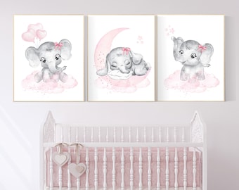 Kunst aan de muur kinderkamer meisje olifant, roze en grijs, kinderkamer inrichting meisje roze, maan, sterren, kinderkamer prints, babykamerinrichting, meisjeskamer, dieren