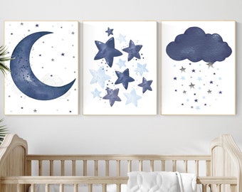 Marineblauwe maan en sterren kinderkamerkunstprints, set van 3